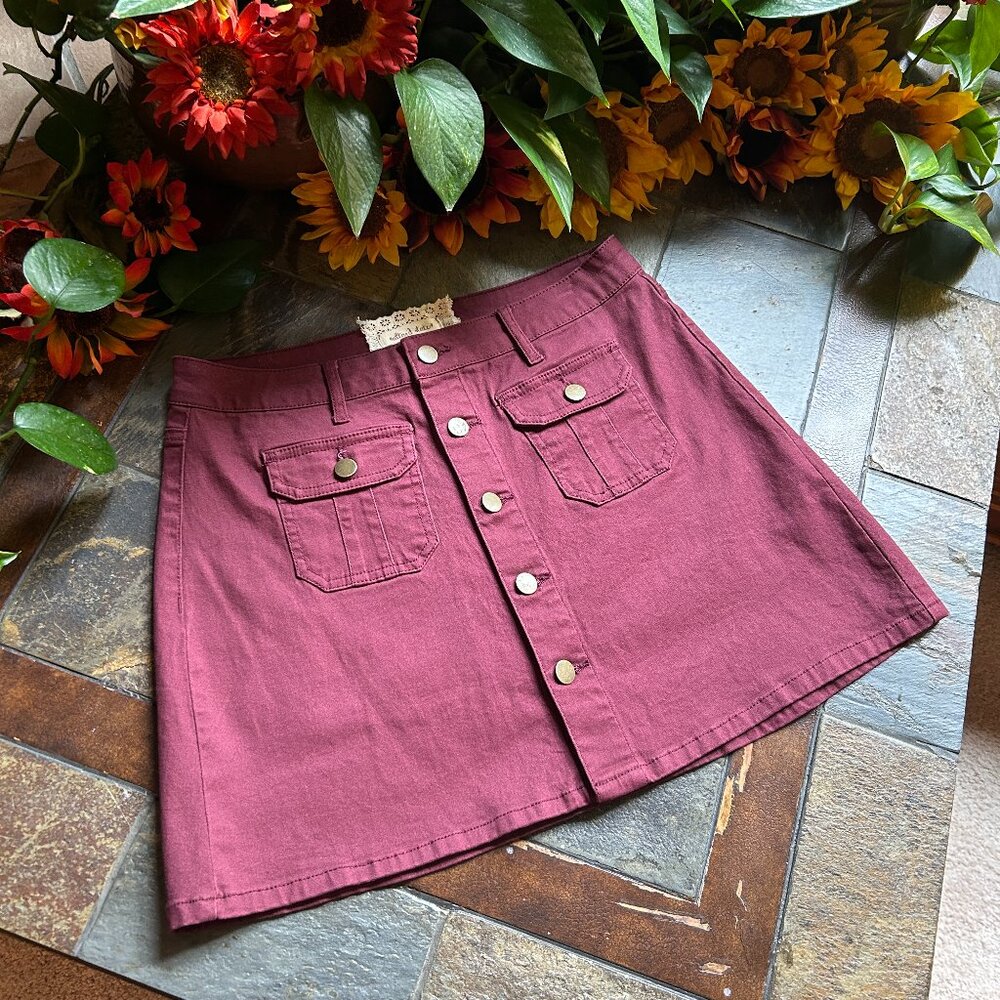 Altar’d State Burgundy Stretch Denim Button-Front Mini Skirt